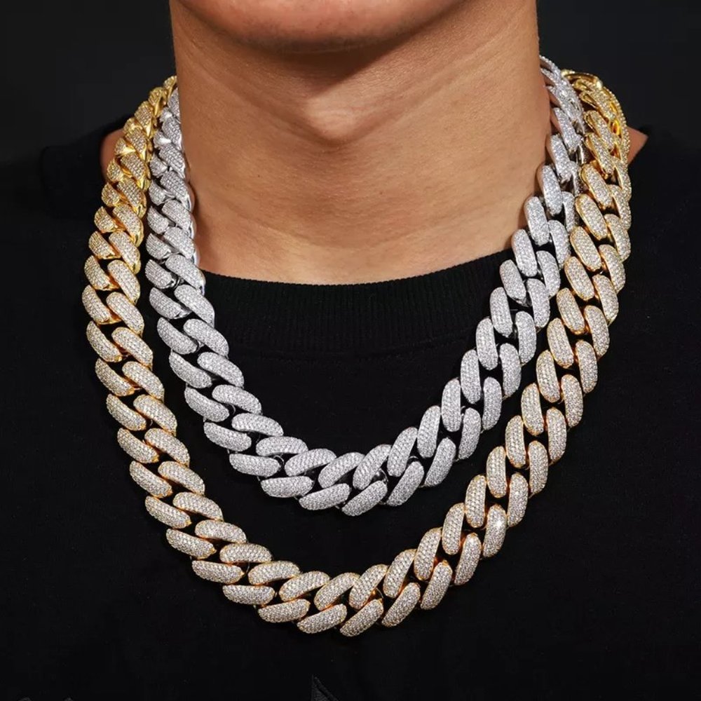 20mm 14K 18K Gold Plated 4 Rows 5A CZ Diamond Prong Cuban Link Chain